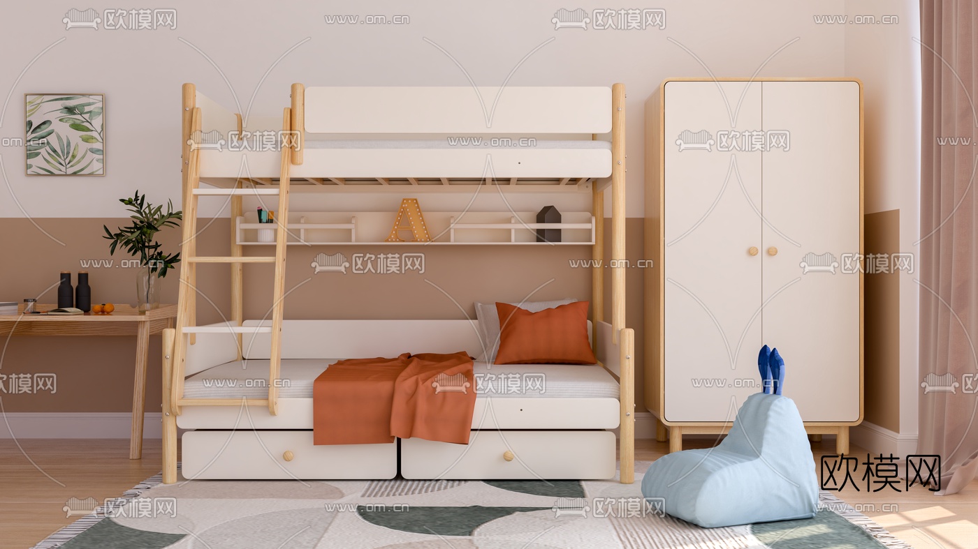 北欧原木上下铺儿童床3d模型下载（渲染图2）