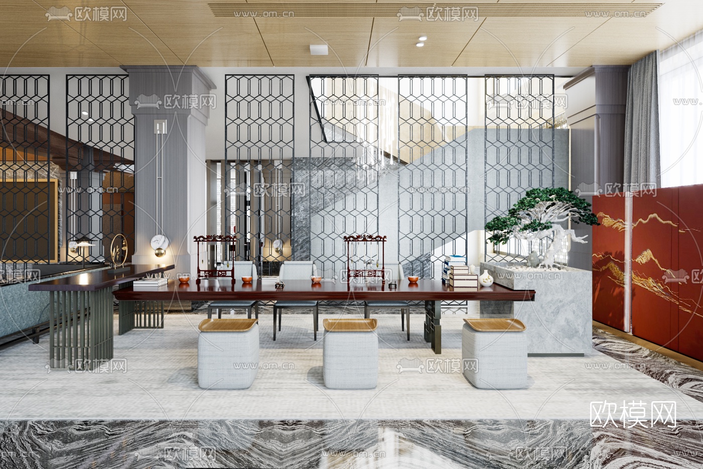 涵冰设计 新中式实木泡茶桌椅3d模型下载