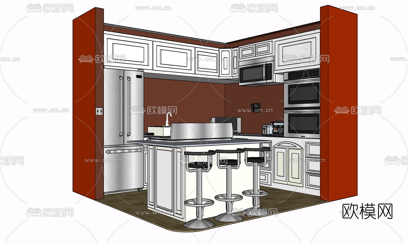 简欧实木橱柜免费su模型下载