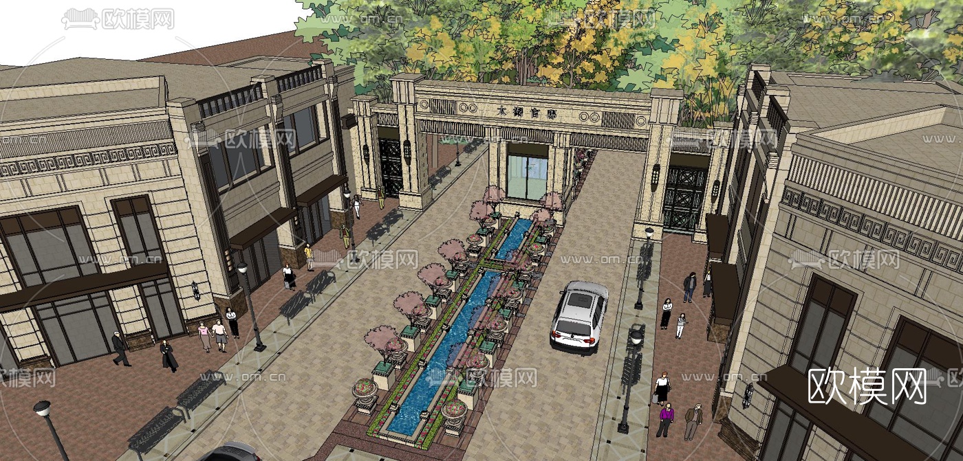 新古典小区门头su模型下载（渲染图2）