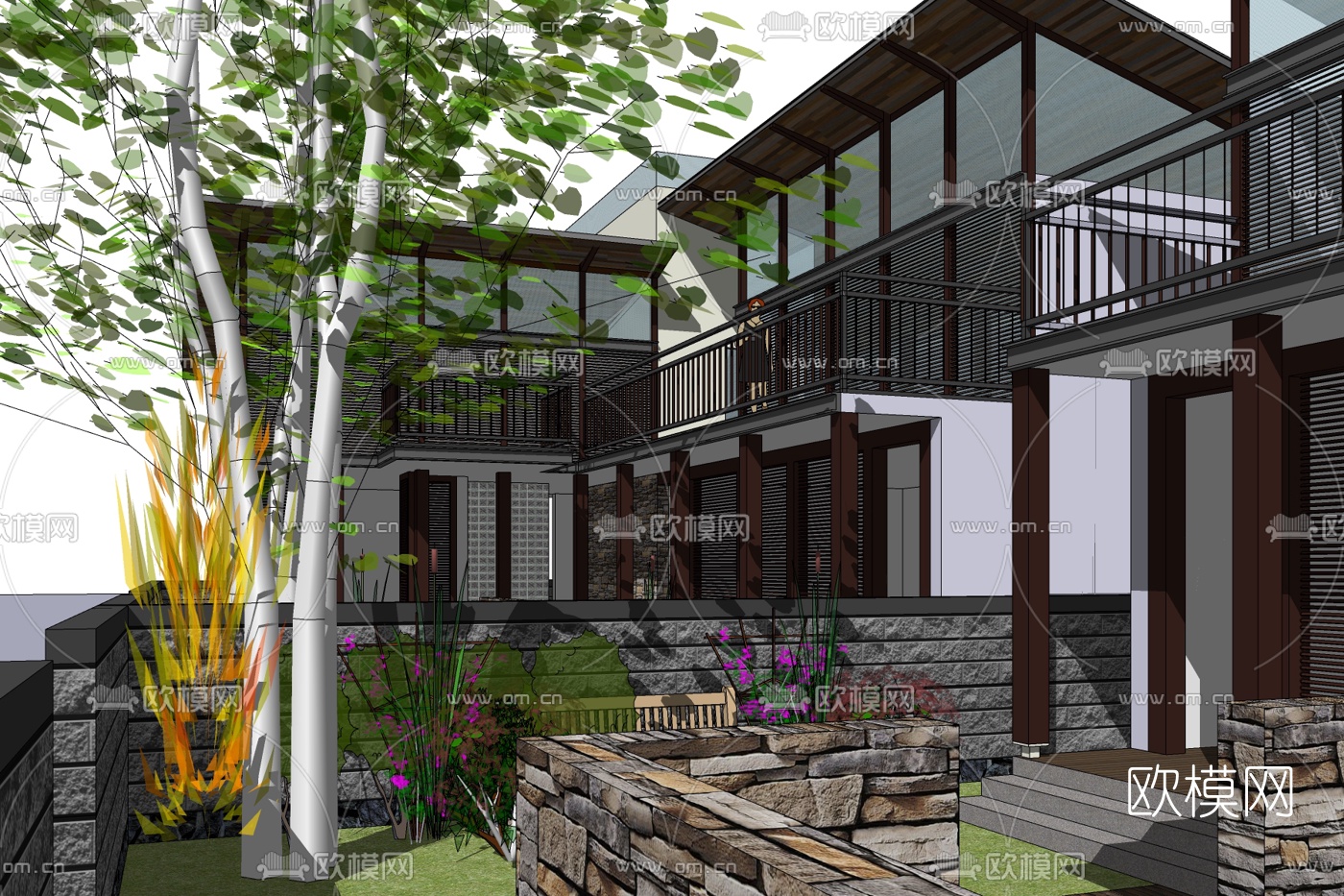 新中式别墅外观免费su模型下载