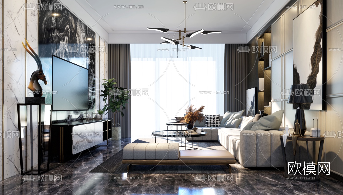 现代轻奢客厅su模型下载（渲染图1）