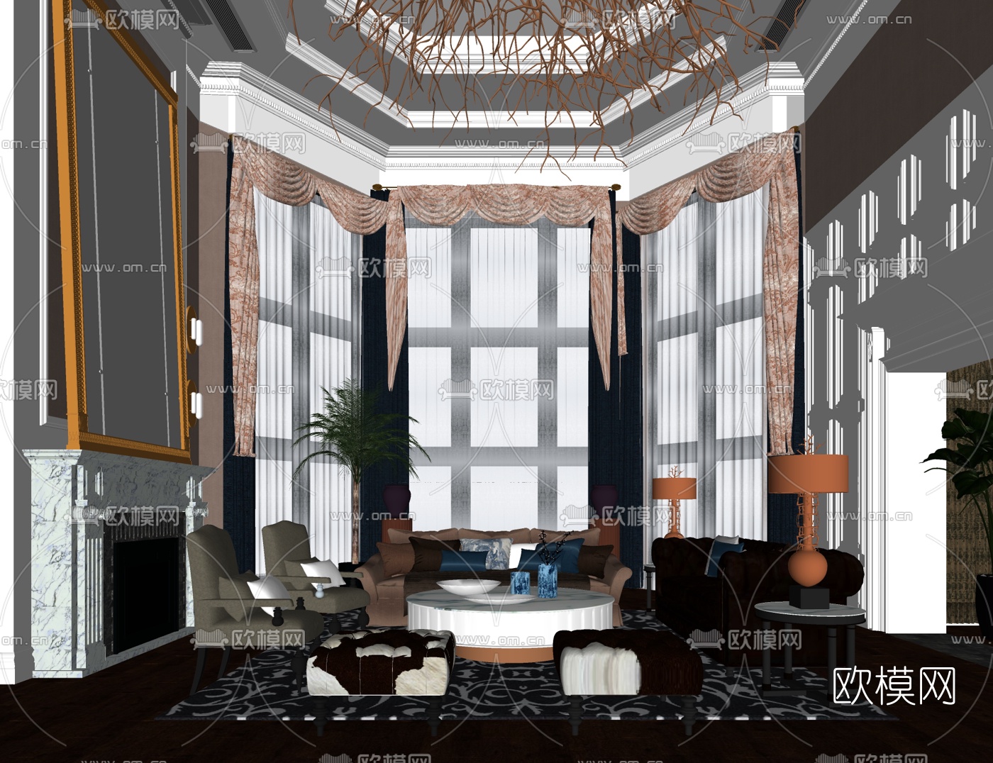 奇恩设计美式混搭别墅客厅su模型下载