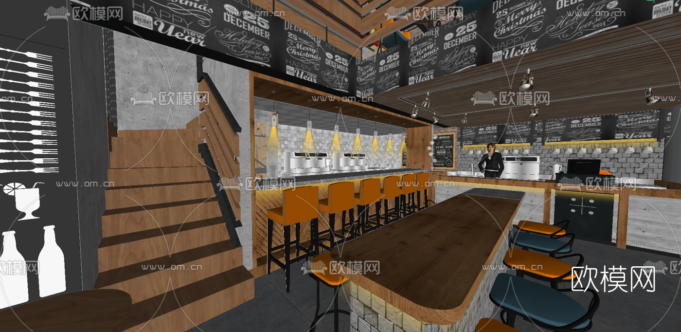 工业风咖啡厅su模型下载（渲染图2）