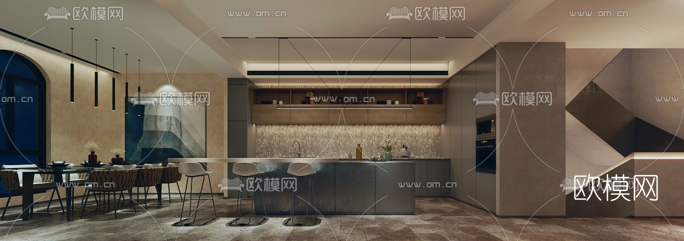 现代民宿大堂餐厅过道3d模型下载（渲染图3）