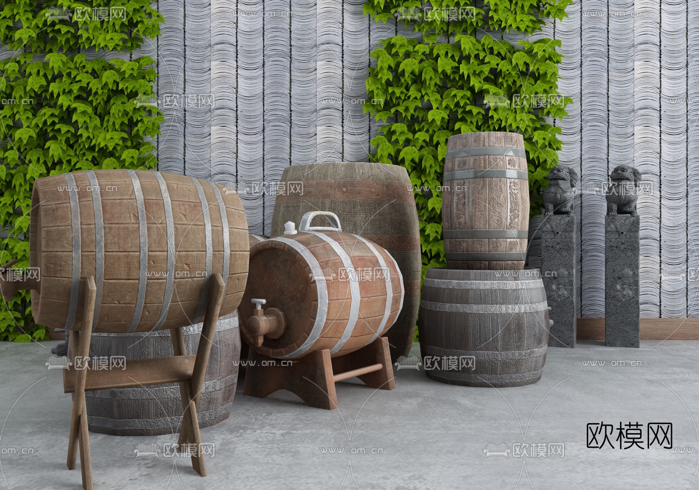自然风原木酒桶小品景观3d模型下载