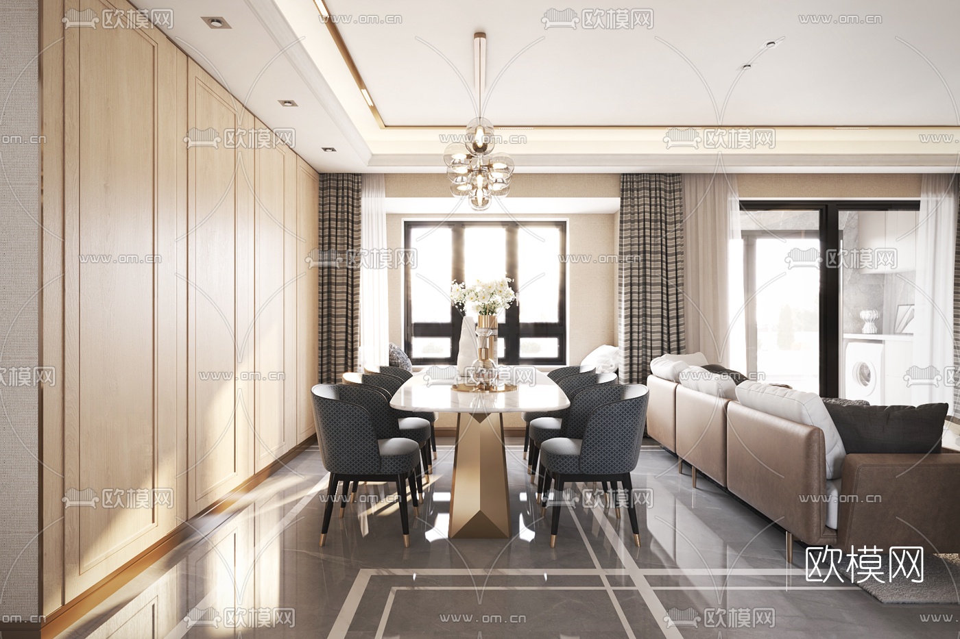 奥迅设计 现代轻奢客厅餐厅3d模型