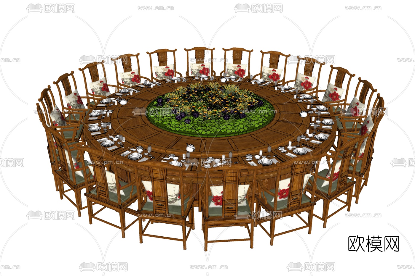 新中式圆形实木宴会桌椅免费su模型下载