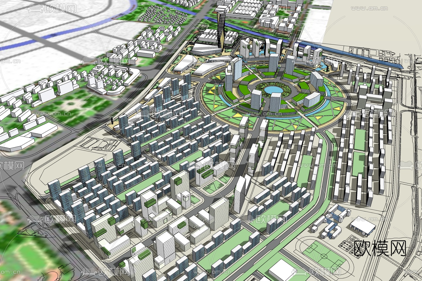 现代城市全景免费su模型下载