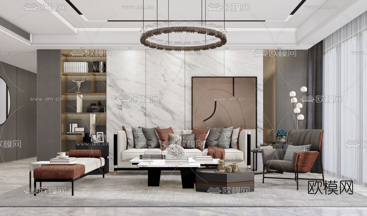 现代轻奢客厅su模型下载（渲染图2）