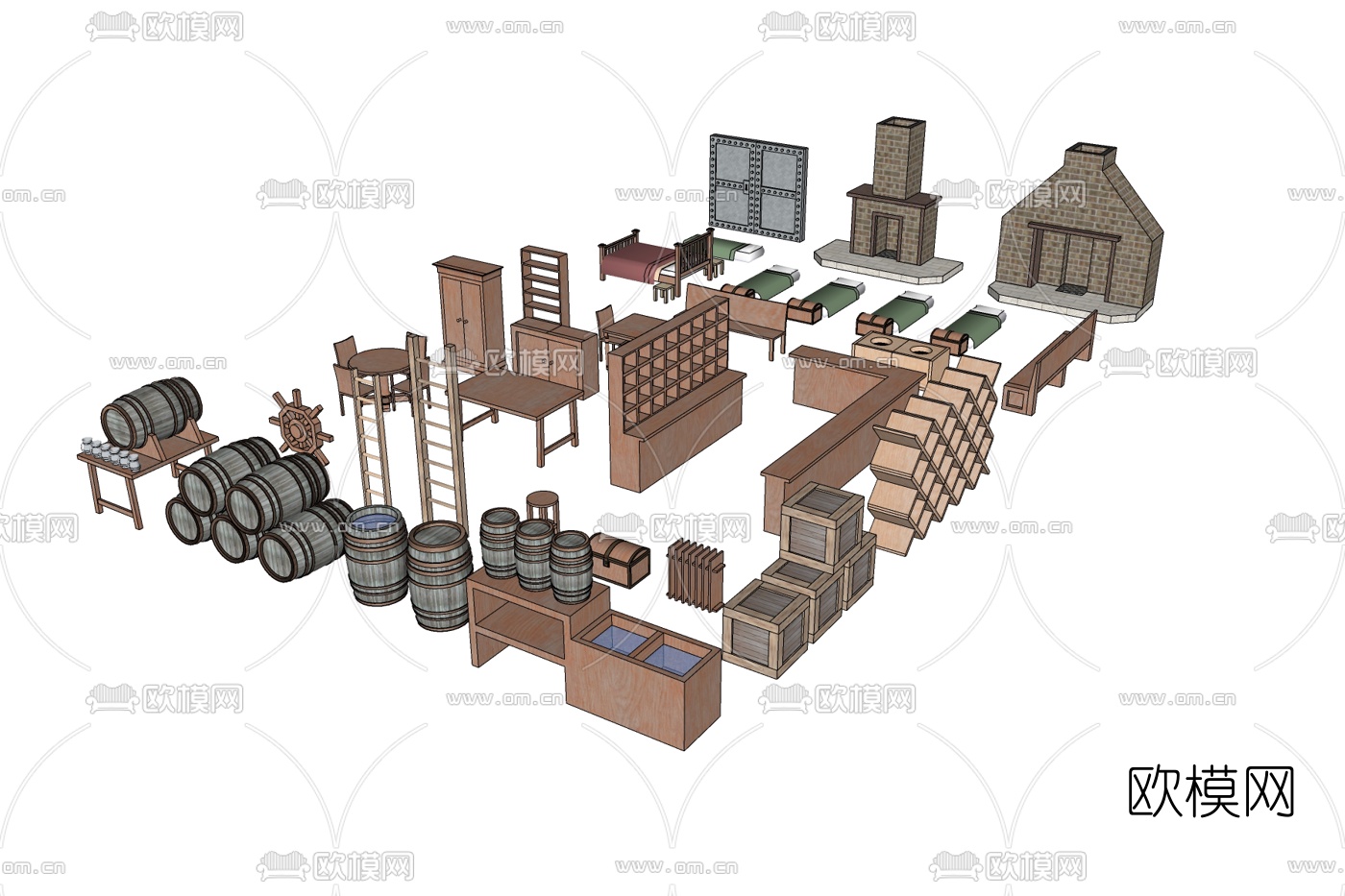 中式家具单人床组合免费su模型下载