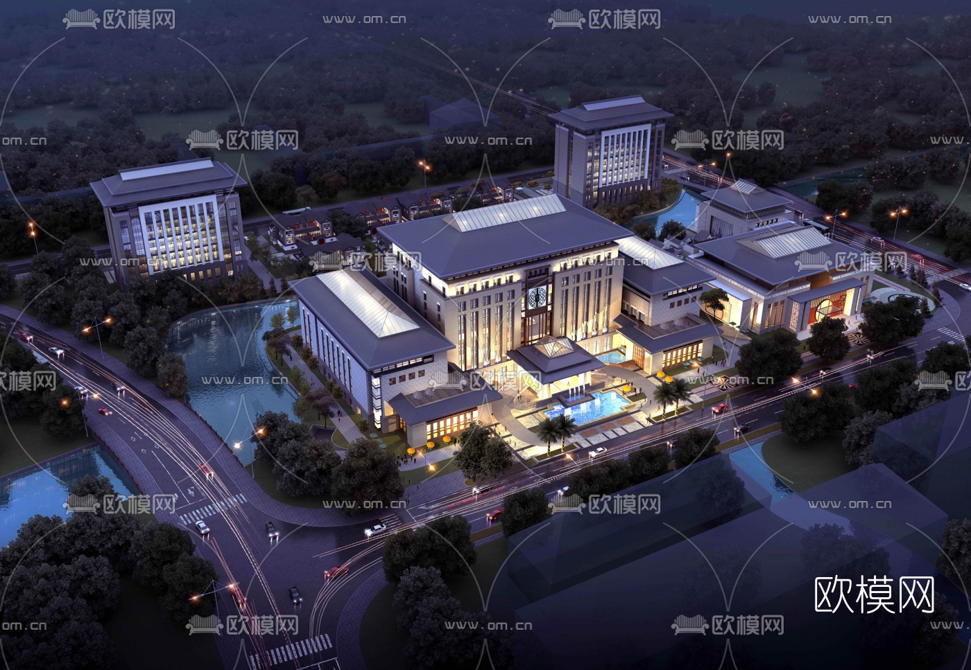 新中式酒店会所鸟瞰规划3d模型