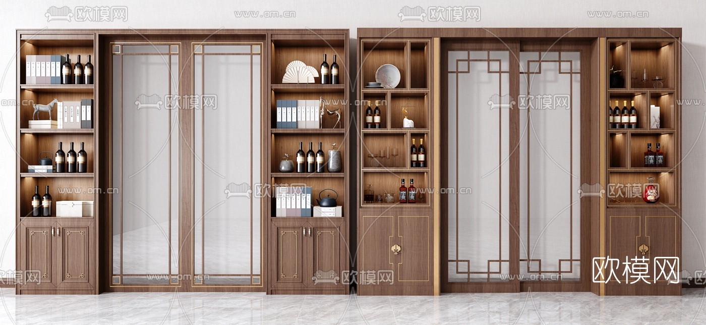 新中式酒柜推拉门组合3d模型