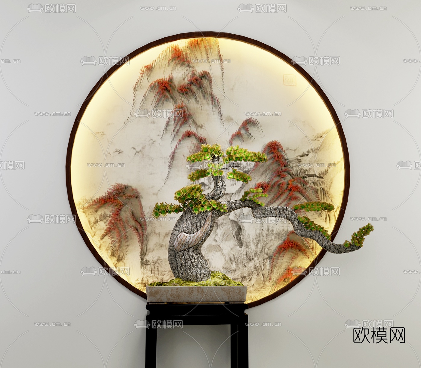 新中式松树盆景盆栽3d模型-免费3dmax模型库-欧模网