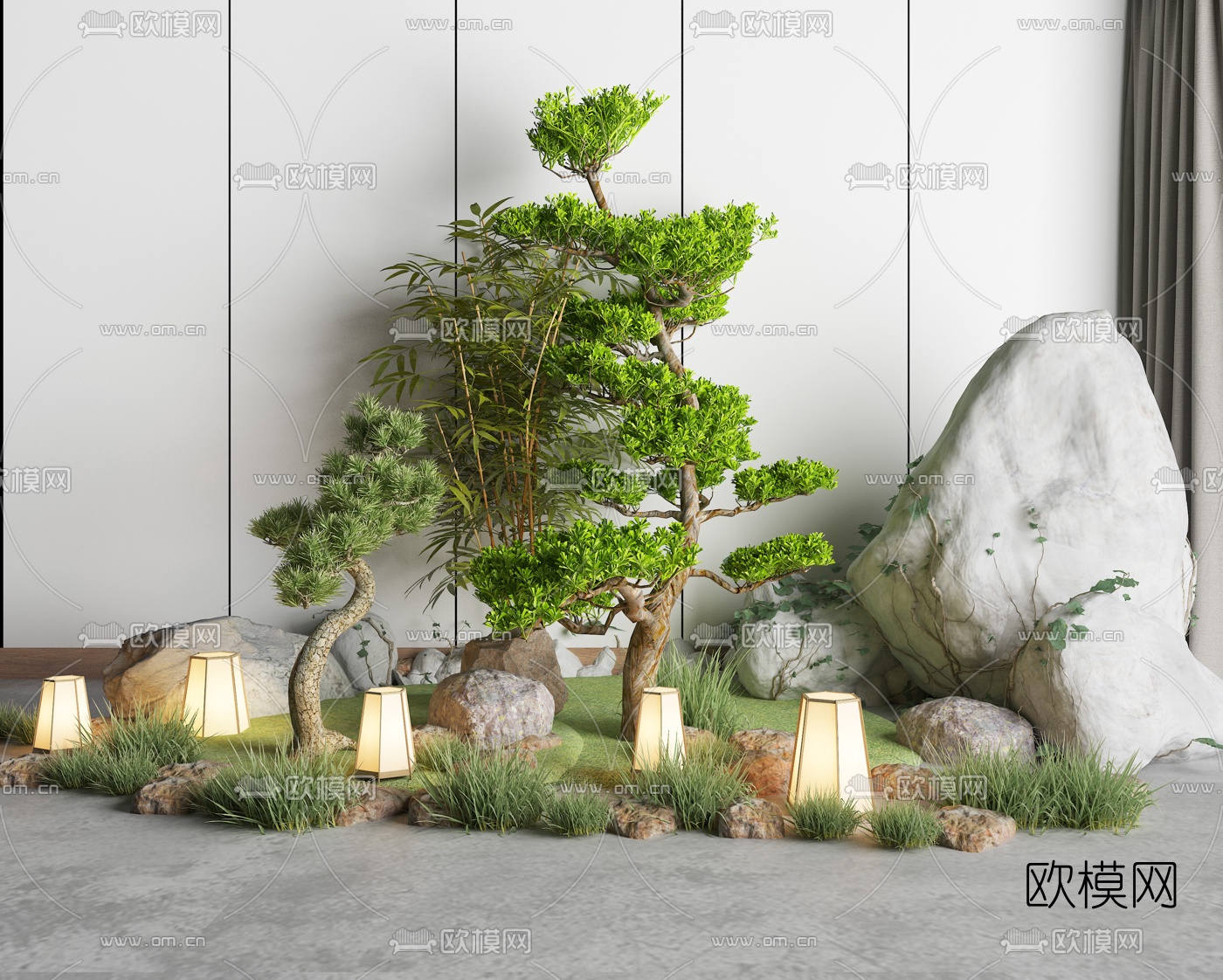 日韩松树地灯假山花草组合3d模型