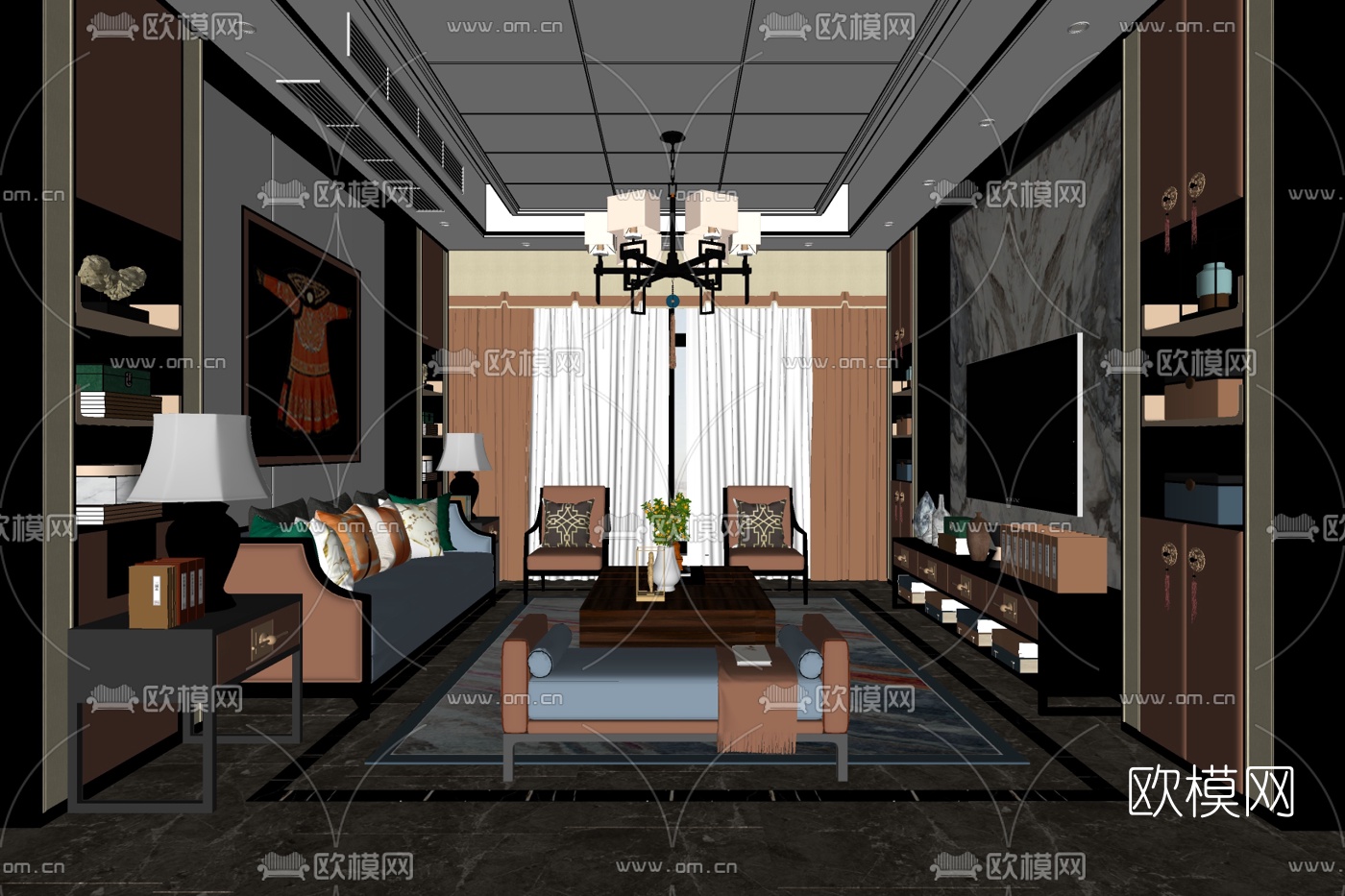 新中式客厅免费su模型下载