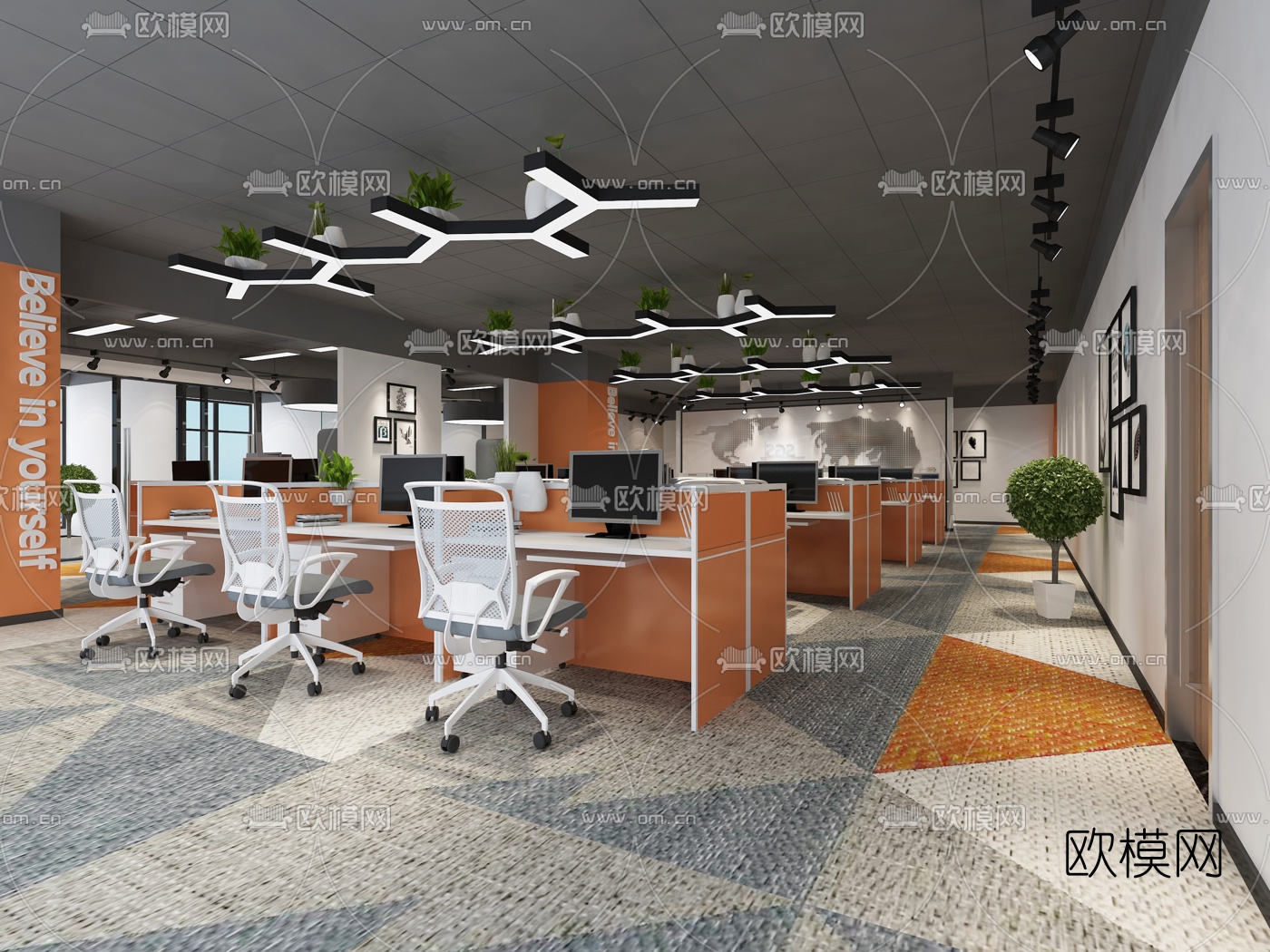 现代敞开式办公室3d模型-免费3dmax模型库-欧模网