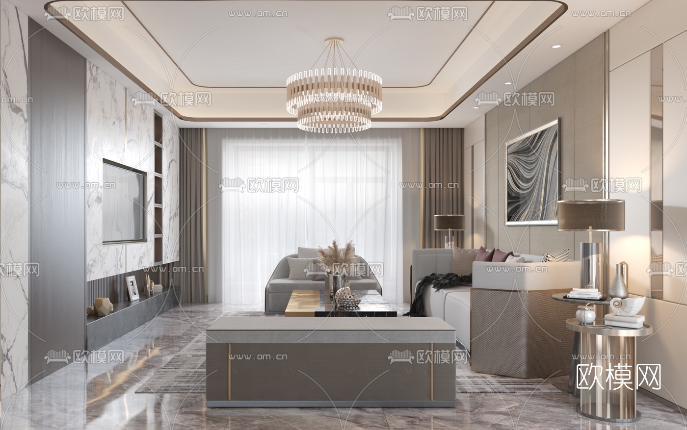 后现代轻奢客厅餐厅3d模型