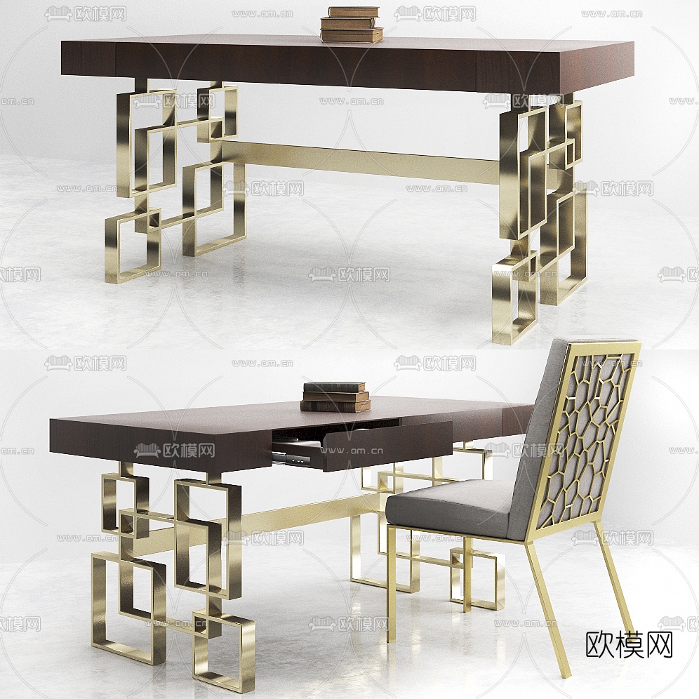 中式金属书桌椅3d模型下载（渲染图1）