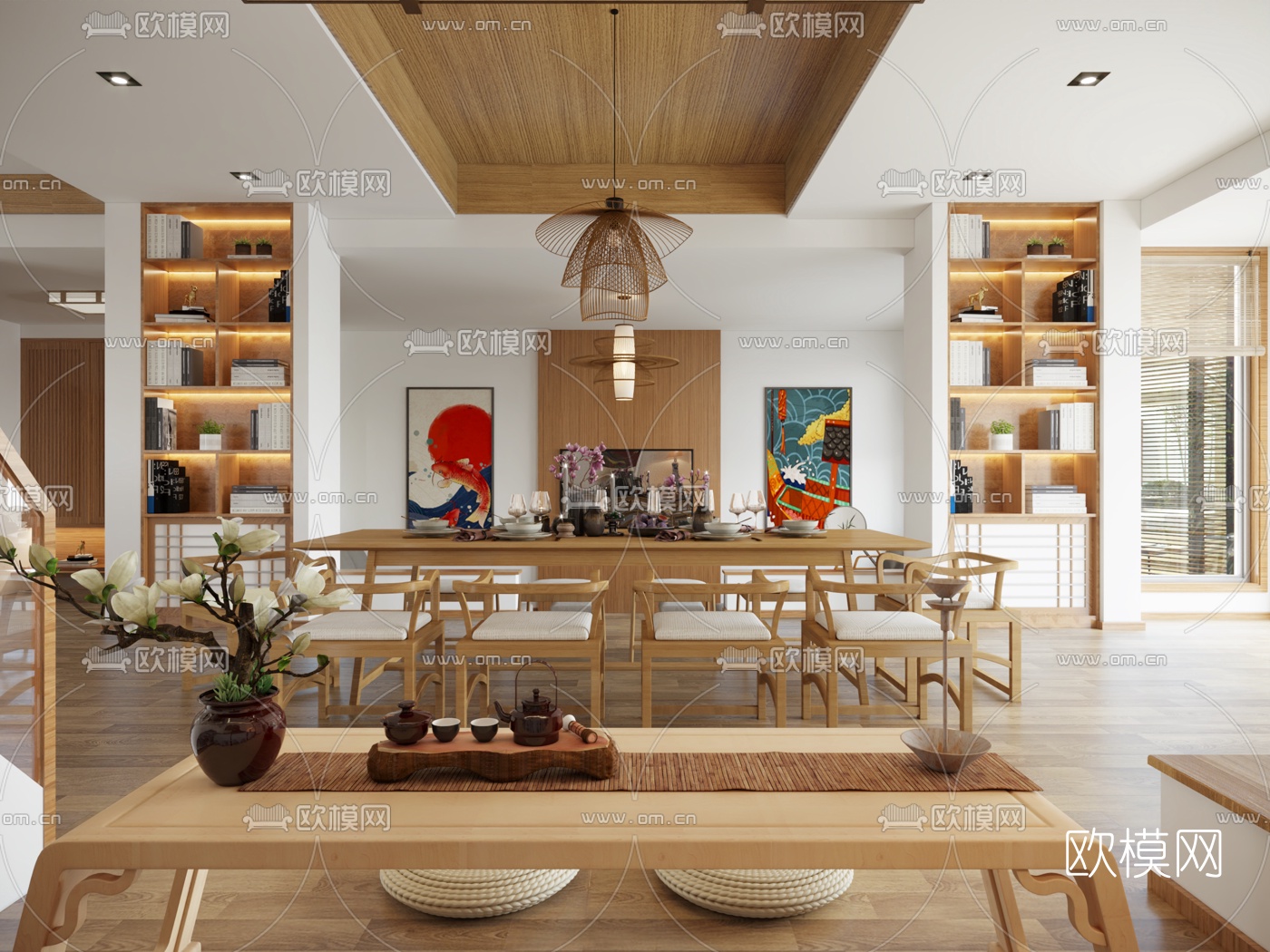 日式客厅餐厅3d模型下载（渲染图1）