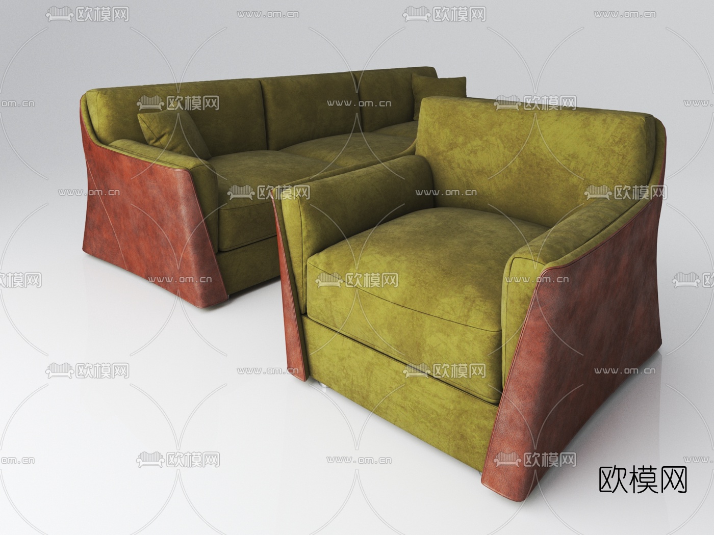 简美布艺多人沙发3d模型下载（渲染图1）