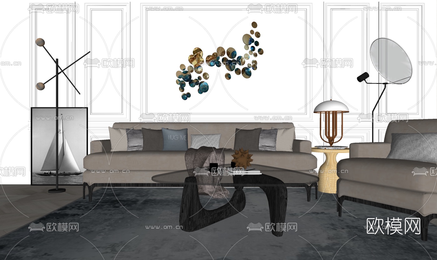 现代布艺多人沙发su模型下载