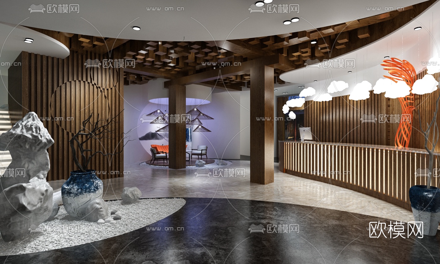 新中式民宿酒店大堂3d模型