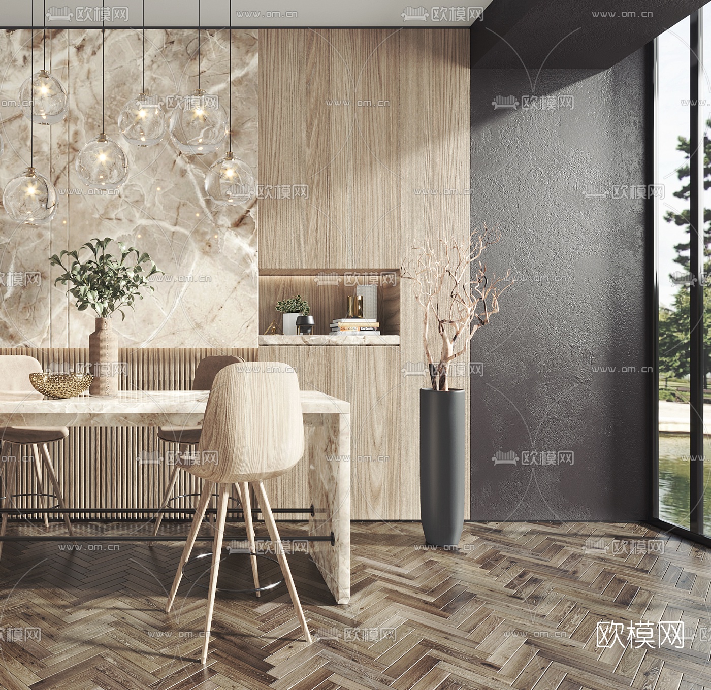 现代轻奢大理石餐吧台组合d模型下载（渲染图4）