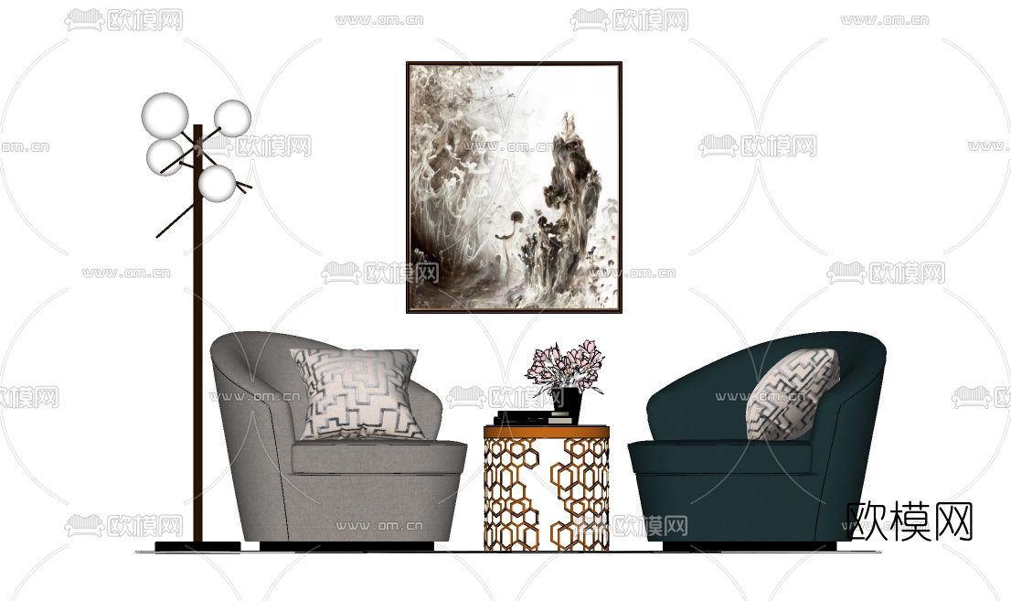 现代布艺休闲沙发su模型下载（渲染图2）