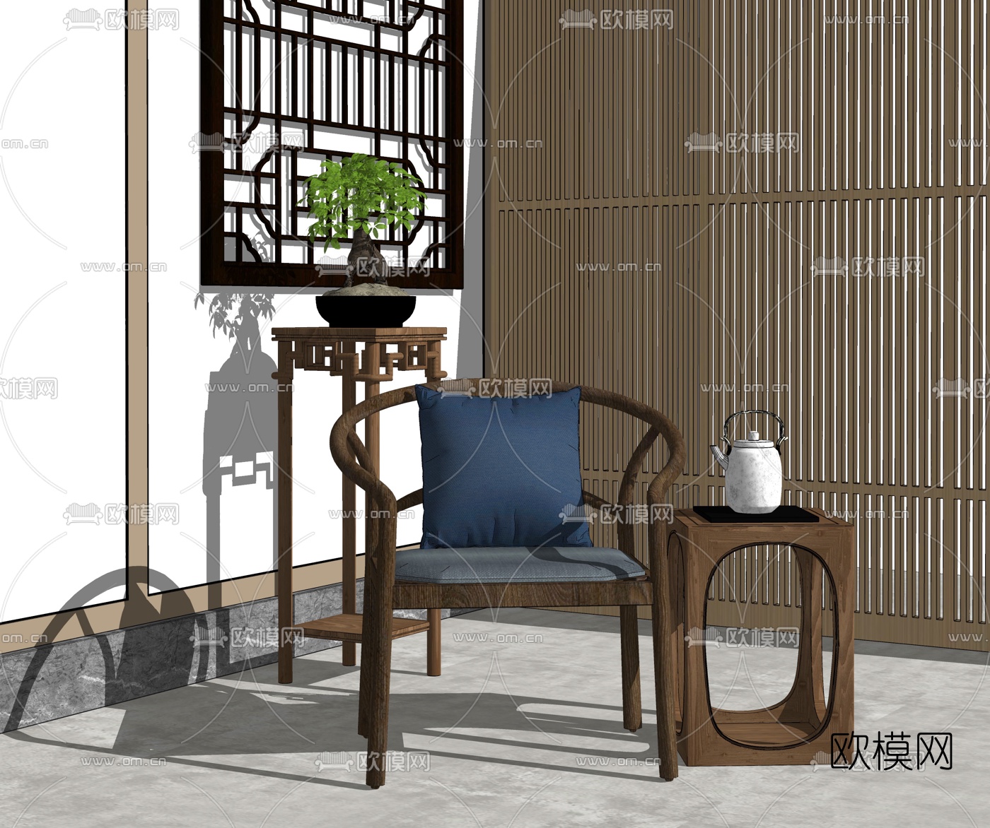 中式休闲椅角几组合su模型