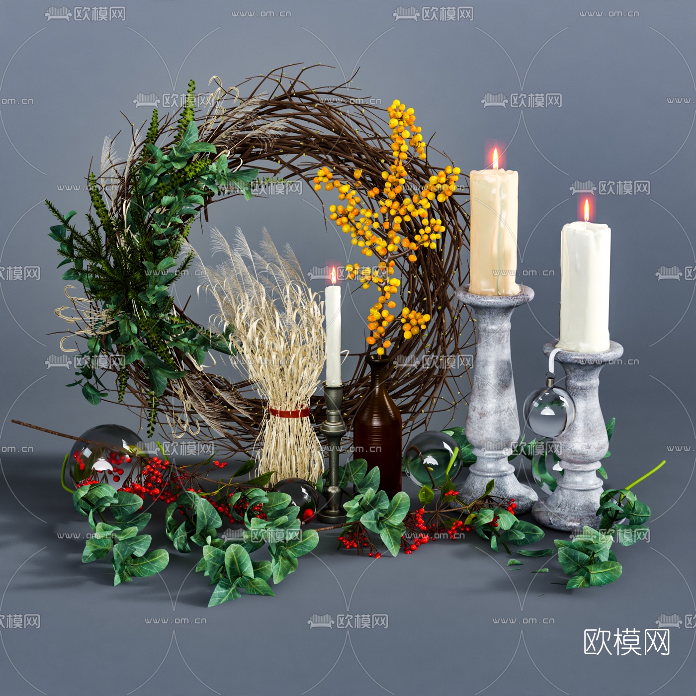 北欧绿植花圈烛台灯3d模型