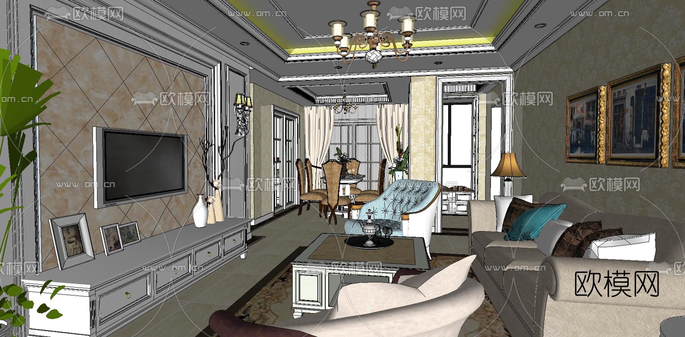 简欧客厅su模型下载（渲染图1）