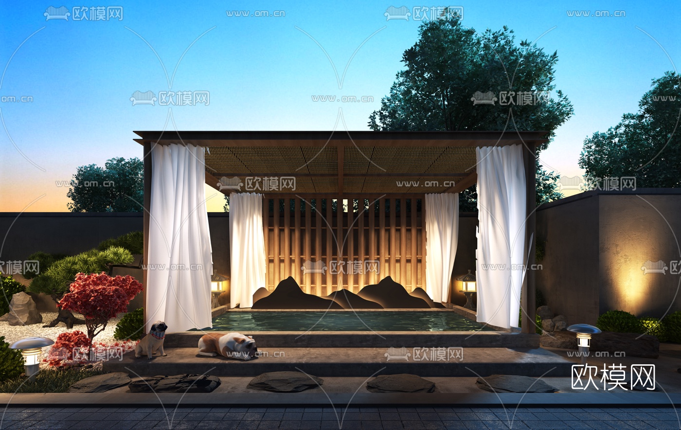 新中式庭院花园夜景3d模型下载（渲染图2）