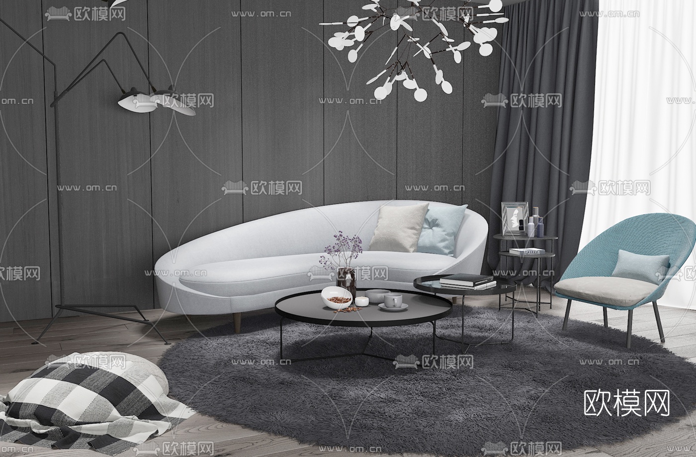 现代布艺弧形沙发组合3d模型
