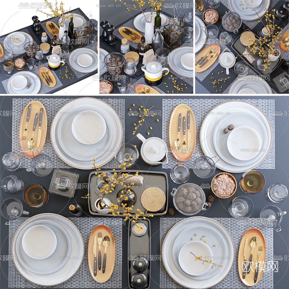 现代西餐餐具组合3d模型下载（渲染图1）