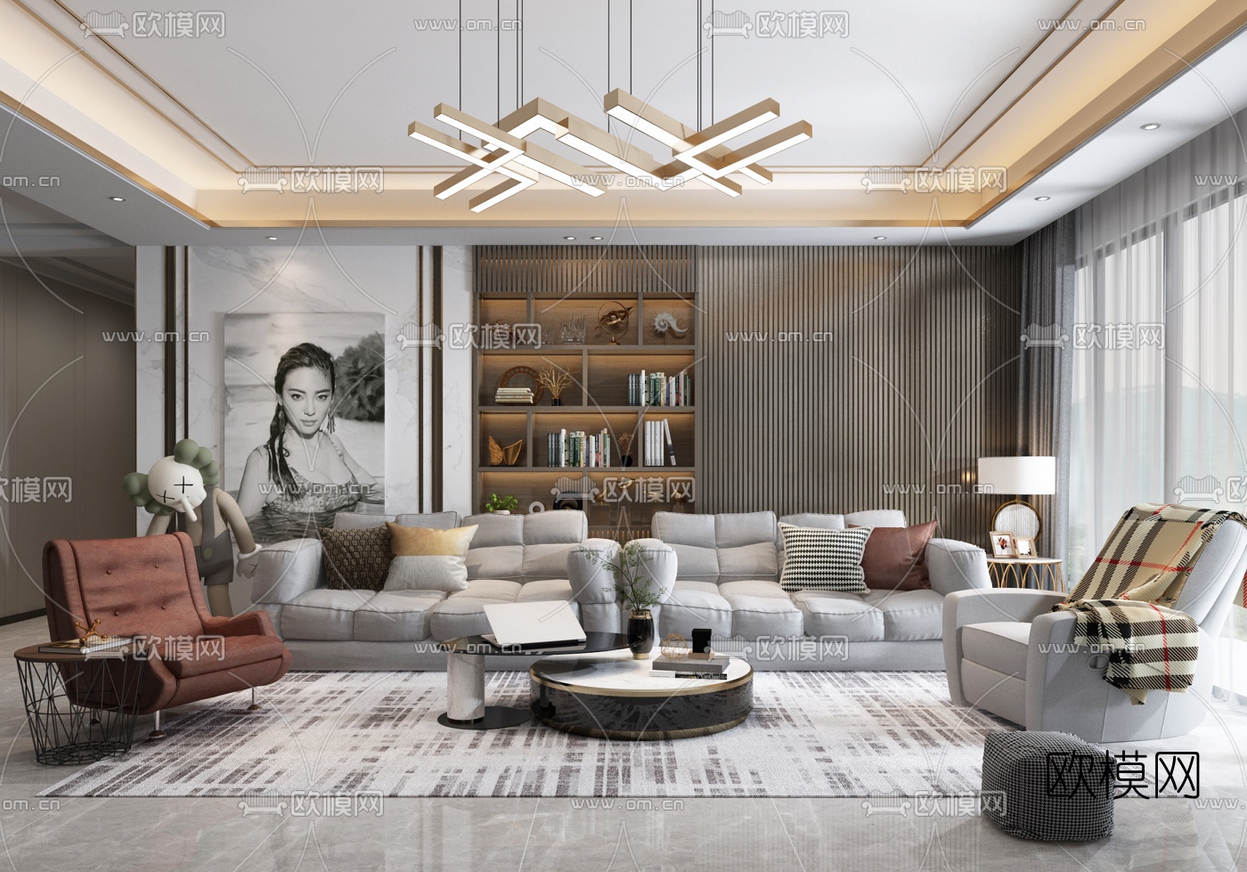 现代轻奢布艺沙发组合3d模型下载