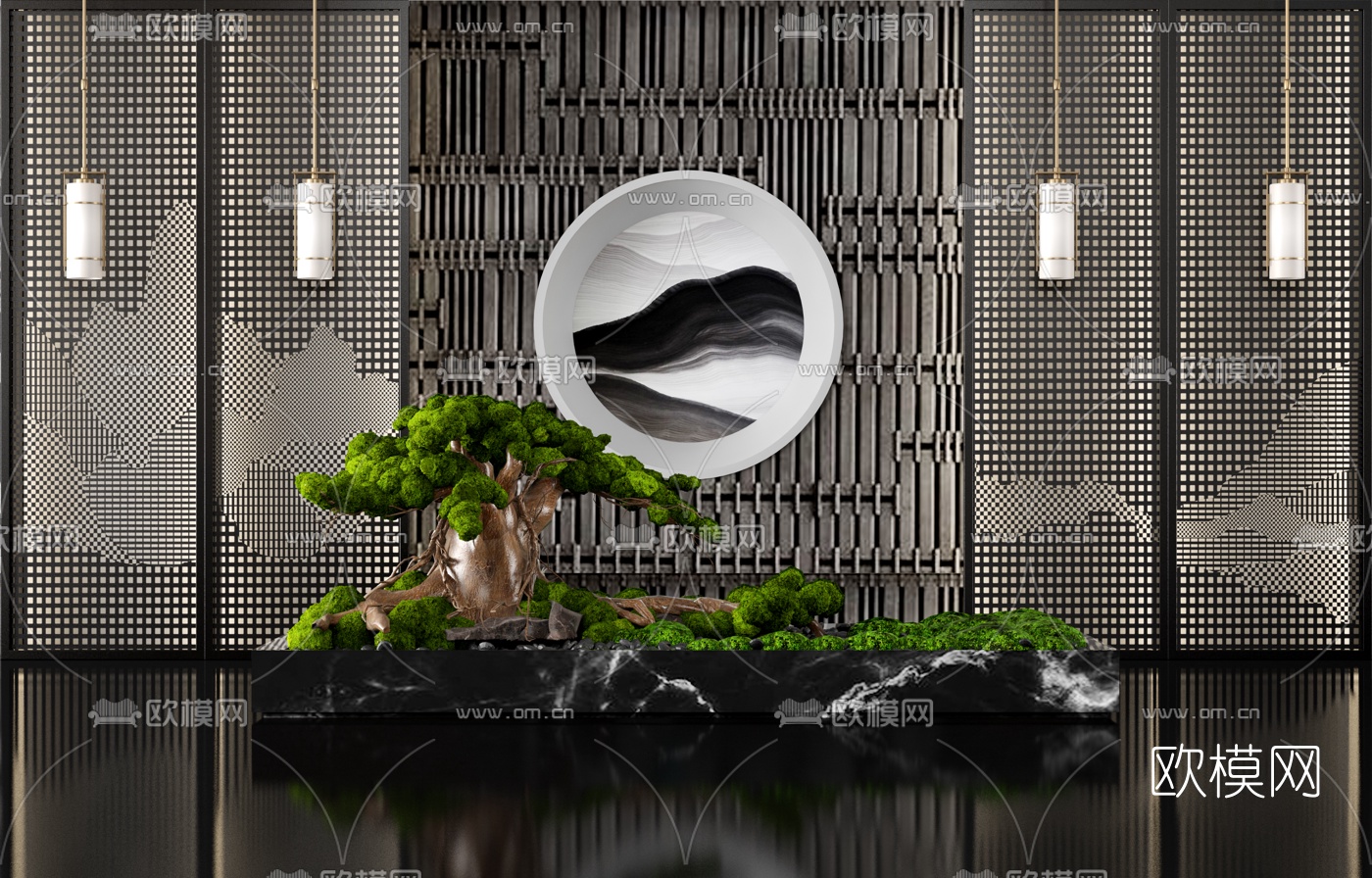 新中式榕树苔藓景观小品3d模型下载（渲染图1）