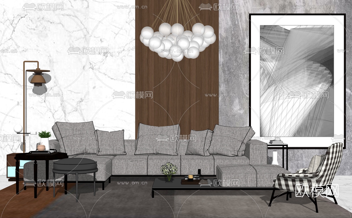 现代布艺组合沙发su模型