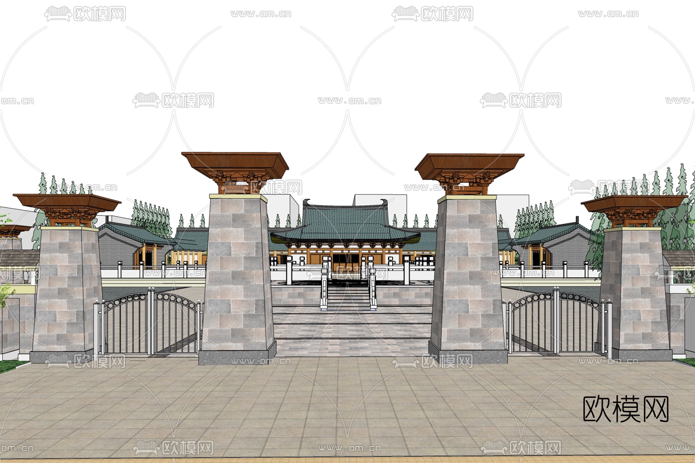 中式寺庙外观免费su模型下载