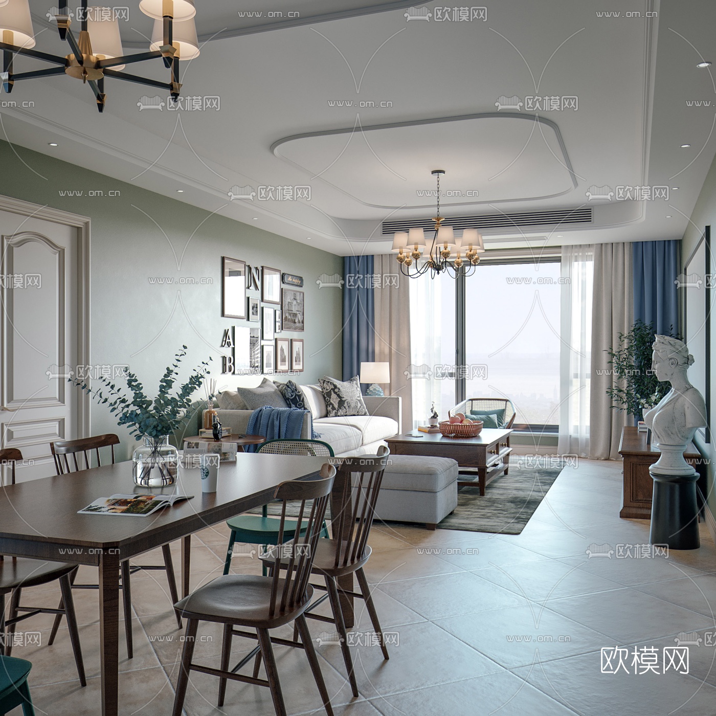 美式客厅餐厅3d模型