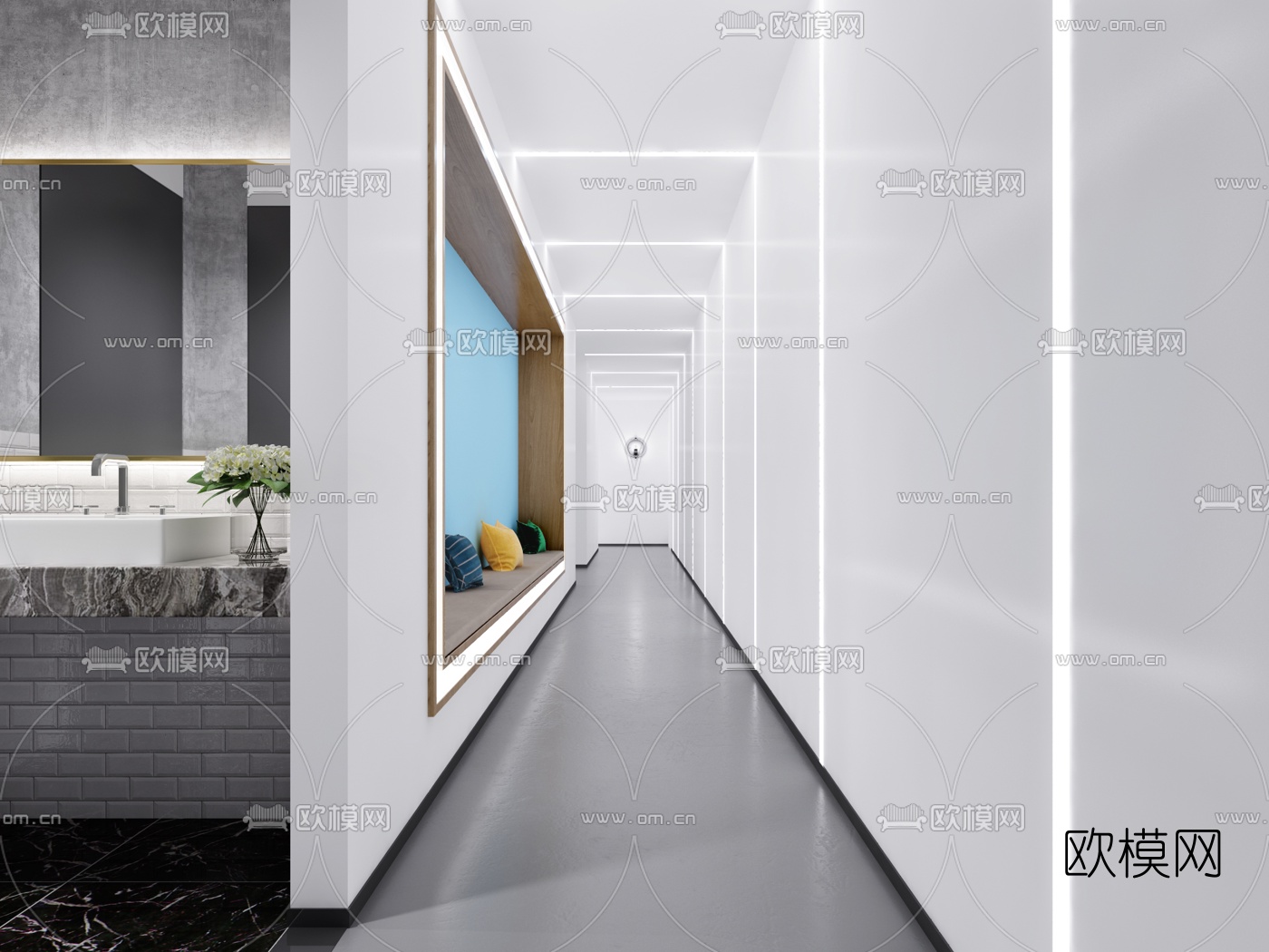 现代公共卫生间过道3d模型下载（渲染图2）