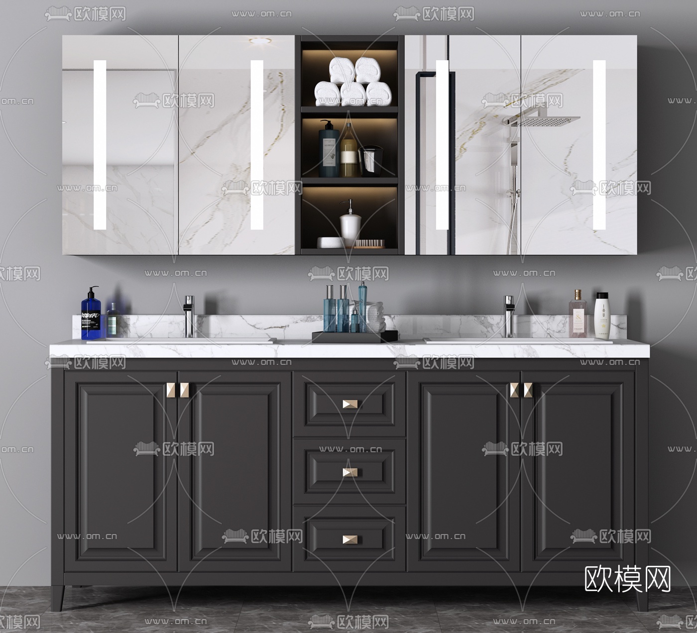 美式双人浴室柜洗手台3d模型下载