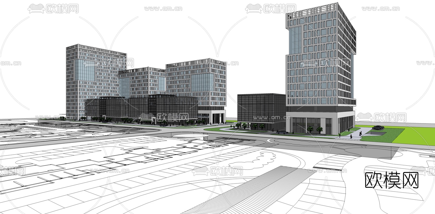 现代办公楼外观su模型下载（渲染图5）
