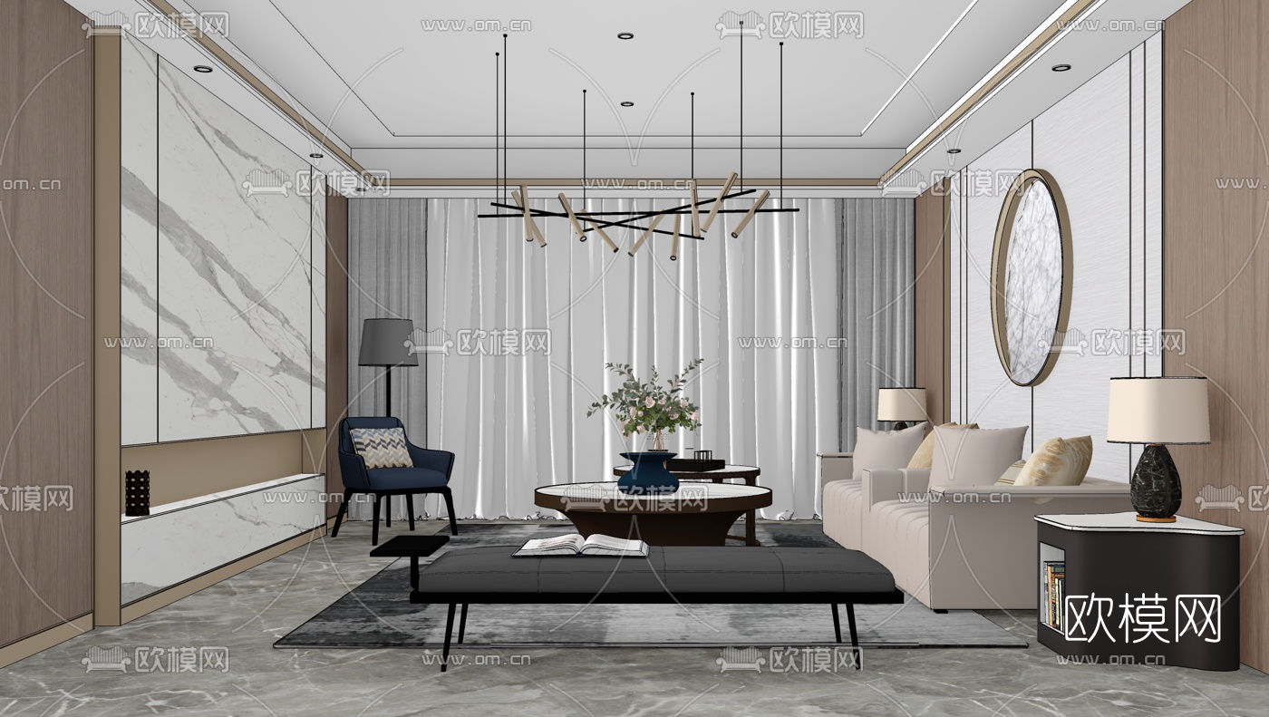 现代轻奢客厅su模型下载（渲染图2）