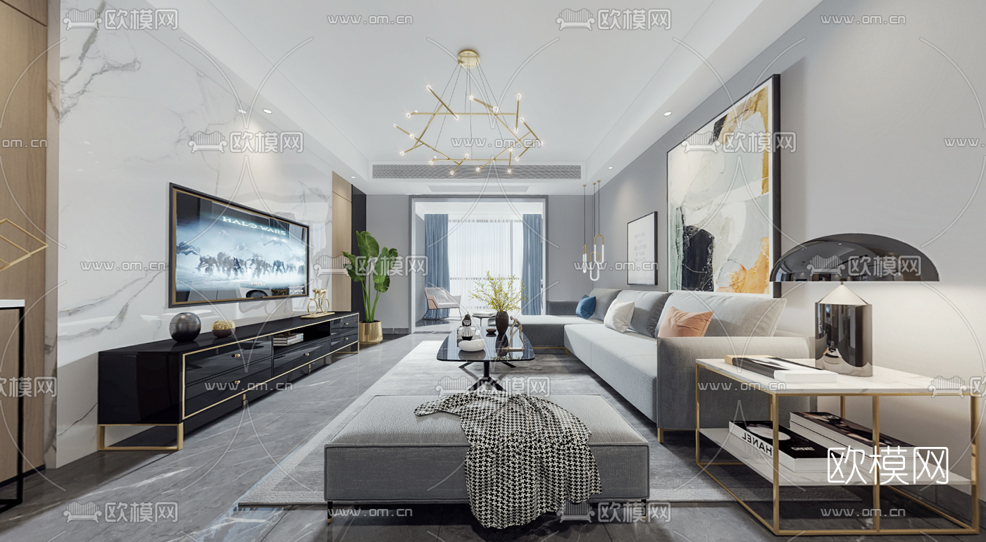 现代轻奢客厅餐厅vr全景3d模型