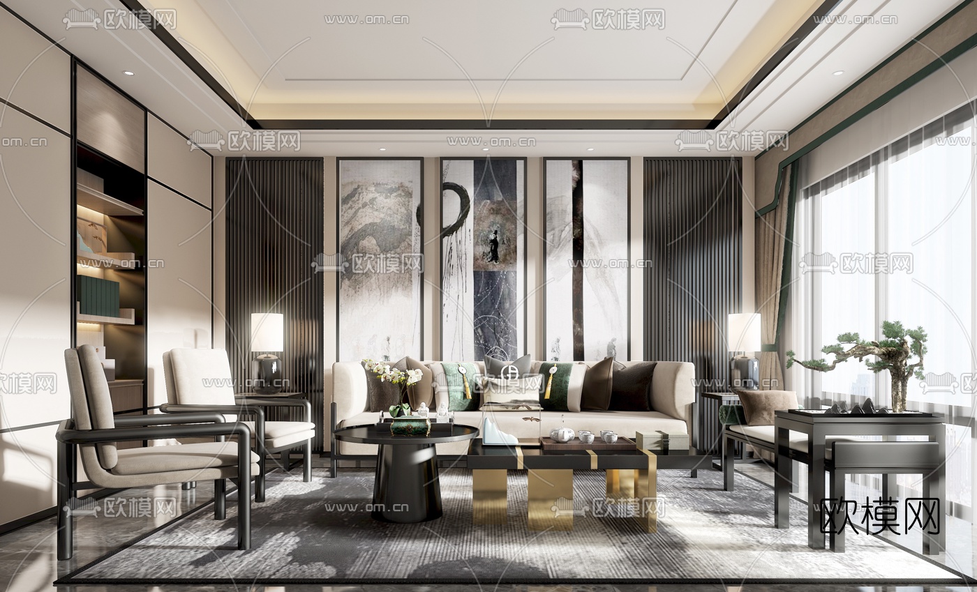 新中式客厅沙发组合3d模型下载（渲染图1）