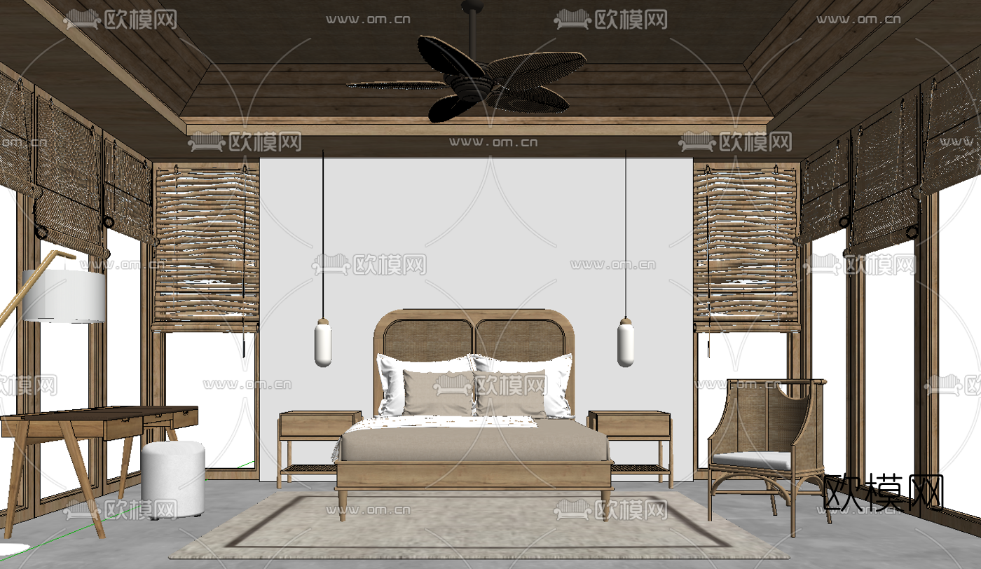 新中式民宿客房su模型下载