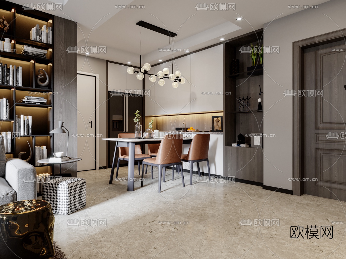 现代高级灰客厅餐厅3d模型