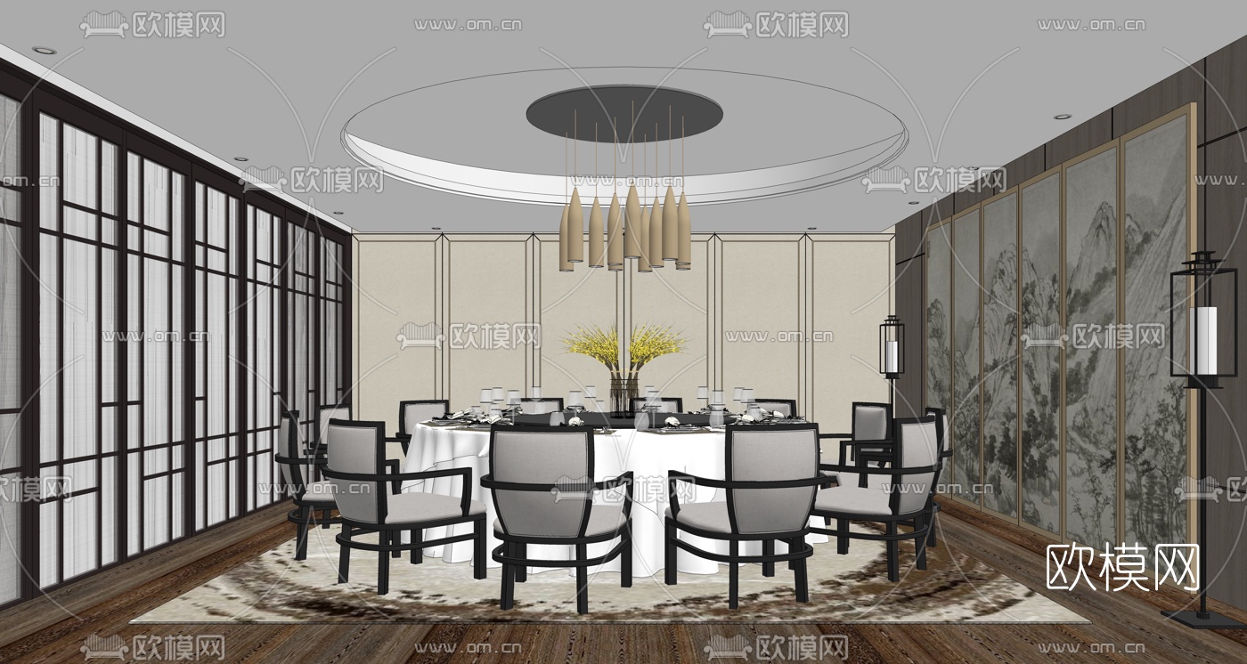 新中式餐饮包厢su模型下载（渲染图3）