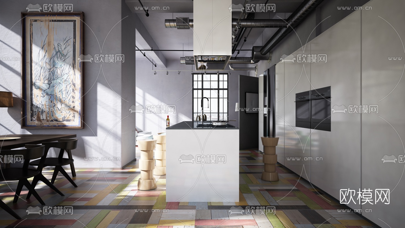 工业风写实客厅餐厅3d模型
